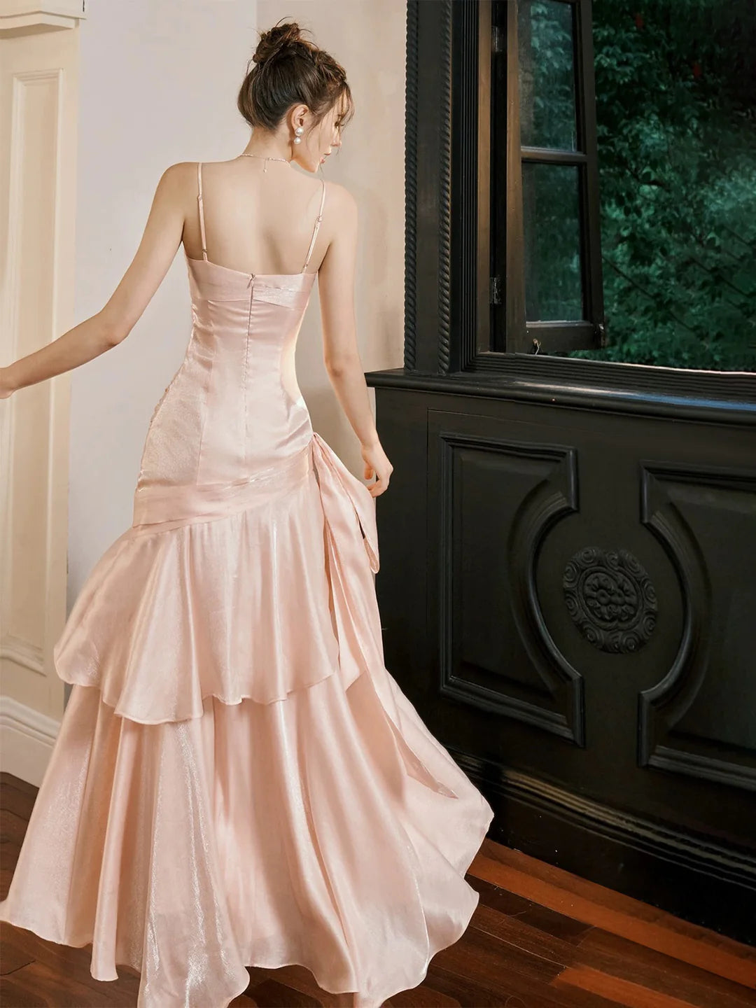 Romantic Blush Sweetheart Neck Spaghetti Strap Ruched Bodice Tiered Ruffle Mermaid Tea-Length Prom Dresses