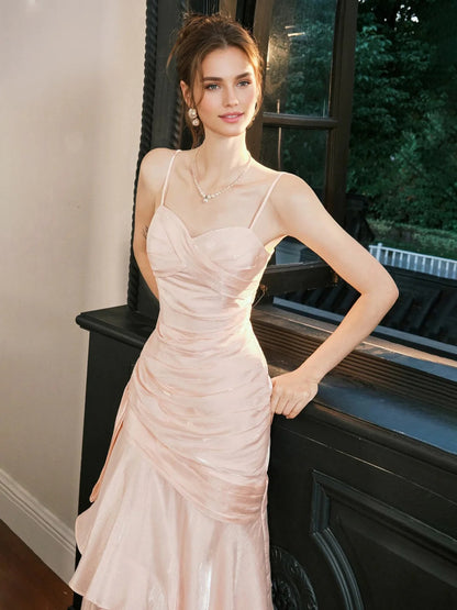 Romantic Blush Sweetheart Neck Spaghetti Strap Ruched Bodice Tiered Ruffle Mermaid Tea-Length Prom Dresses