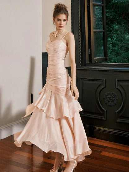 Romantic Blush Sweetheart Neck Spaghetti Strap Ruched Bodice Tiered Ruffle Mermaid Tea-Length Prom Dresses