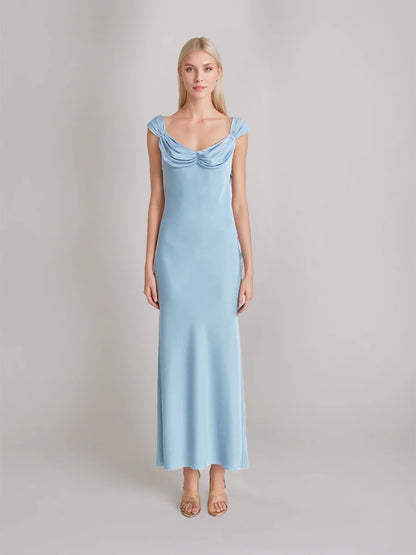 Romantic Cowl Neck Sleeveless Luxe Satin Mermaid Prom Dress with Open Tie-Back & Ruched Shoulder Detail
