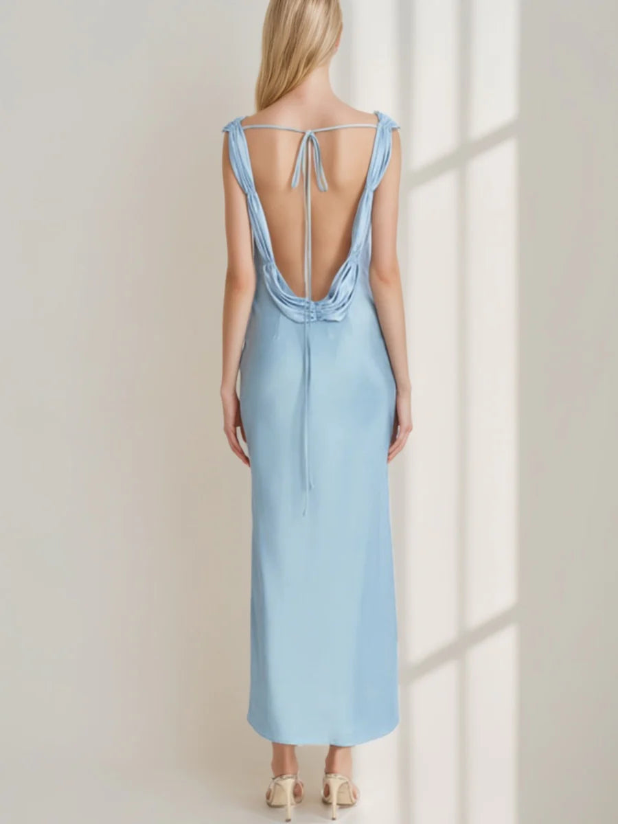 Romantic Cowl Neck Sleeveless Luxe Satin Mermaid Prom Dress with Open Tie-Back & Ruched Shoulder Detail