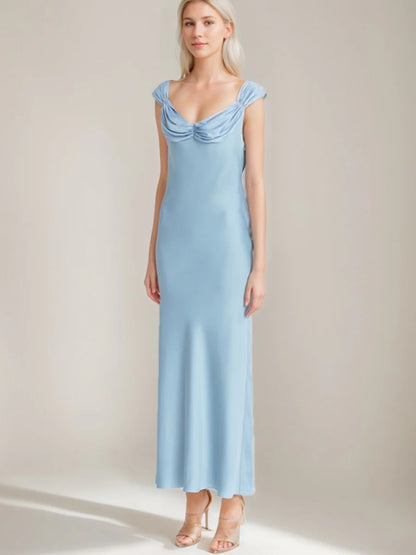 Romantic Cowl Neck Sleeveless Luxe Satin Mermaid Prom Dress with Open Tie-Back & Ruched Shoulder Detail