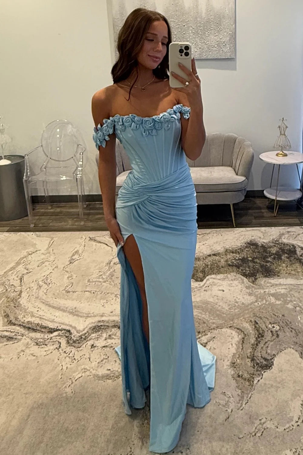 Romantic Off the Shoulder 3D Floral Applique Ruched Mermaid Prom Dress with Lace Up Back and High Slit