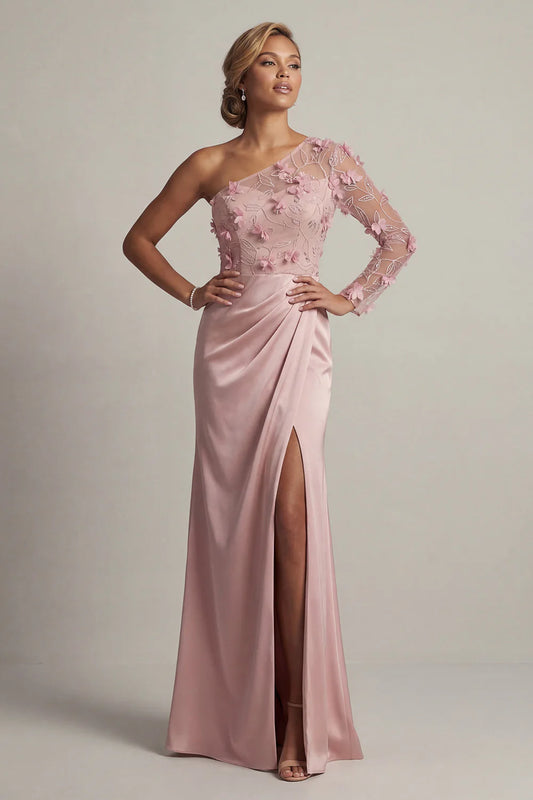 Romantic One Shoulder Sheer Long Sleeve 3D Pink Floral Embellished Satin Gown with Ruched Waist and Side Slit Prom Dress