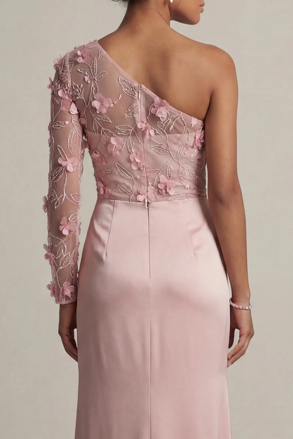 Romantic One Shoulder Sheer Long Sleeve 3D Pink Floral Embellished Satin Gown with Ruched Waist and Side Slit Prom Dress
