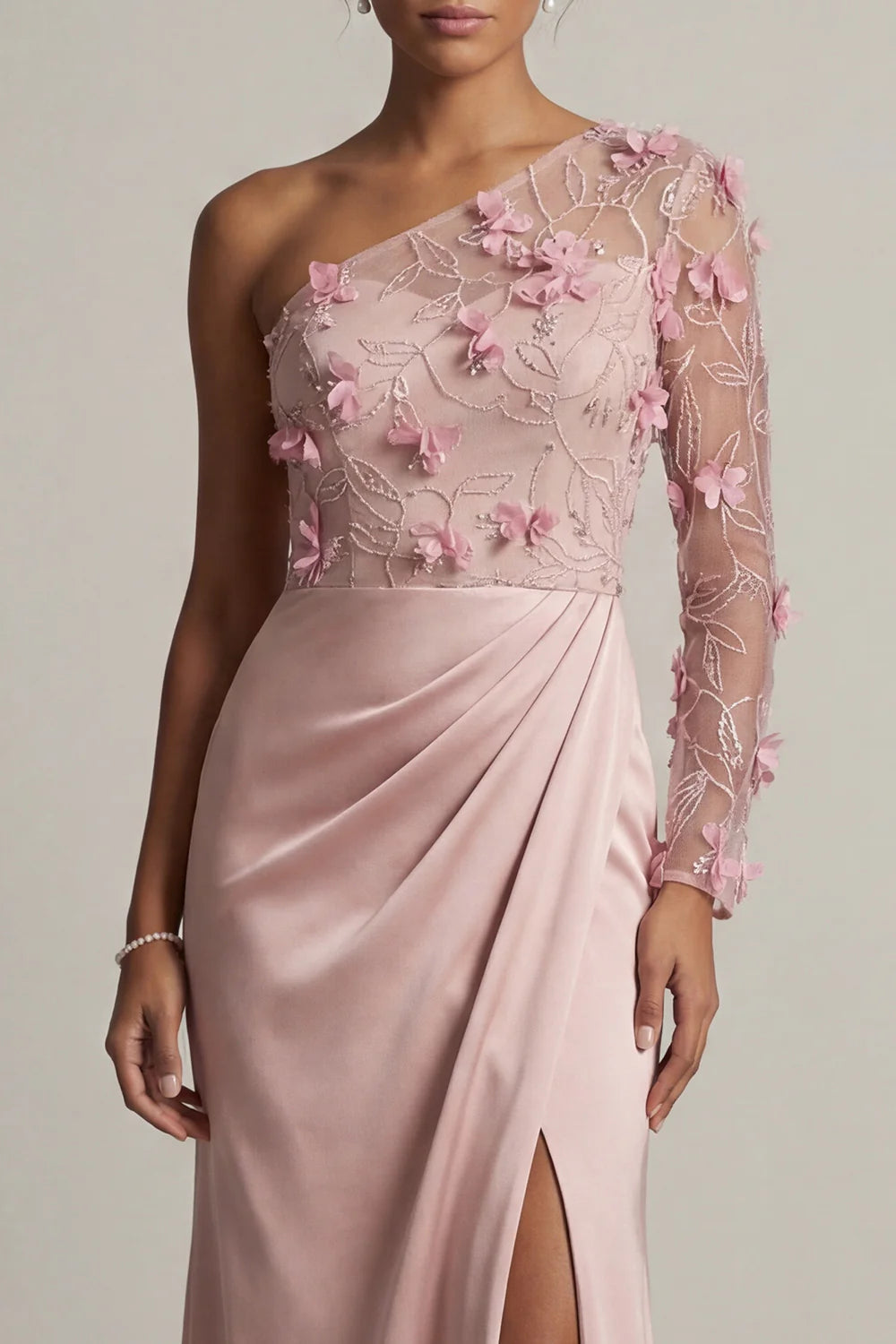 Romantic One Shoulder Sheer Long Sleeve 3D Pink Floral Embellished Satin Gown with Ruched Waist and Side Slit Prom Dress