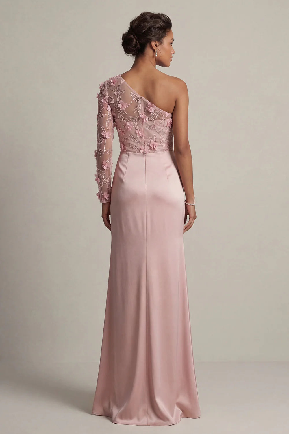 Romantic One Shoulder Sheer Long Sleeve 3D Pink Floral Embellished Satin Gown with Ruched Waist and Side Slit Prom Dress