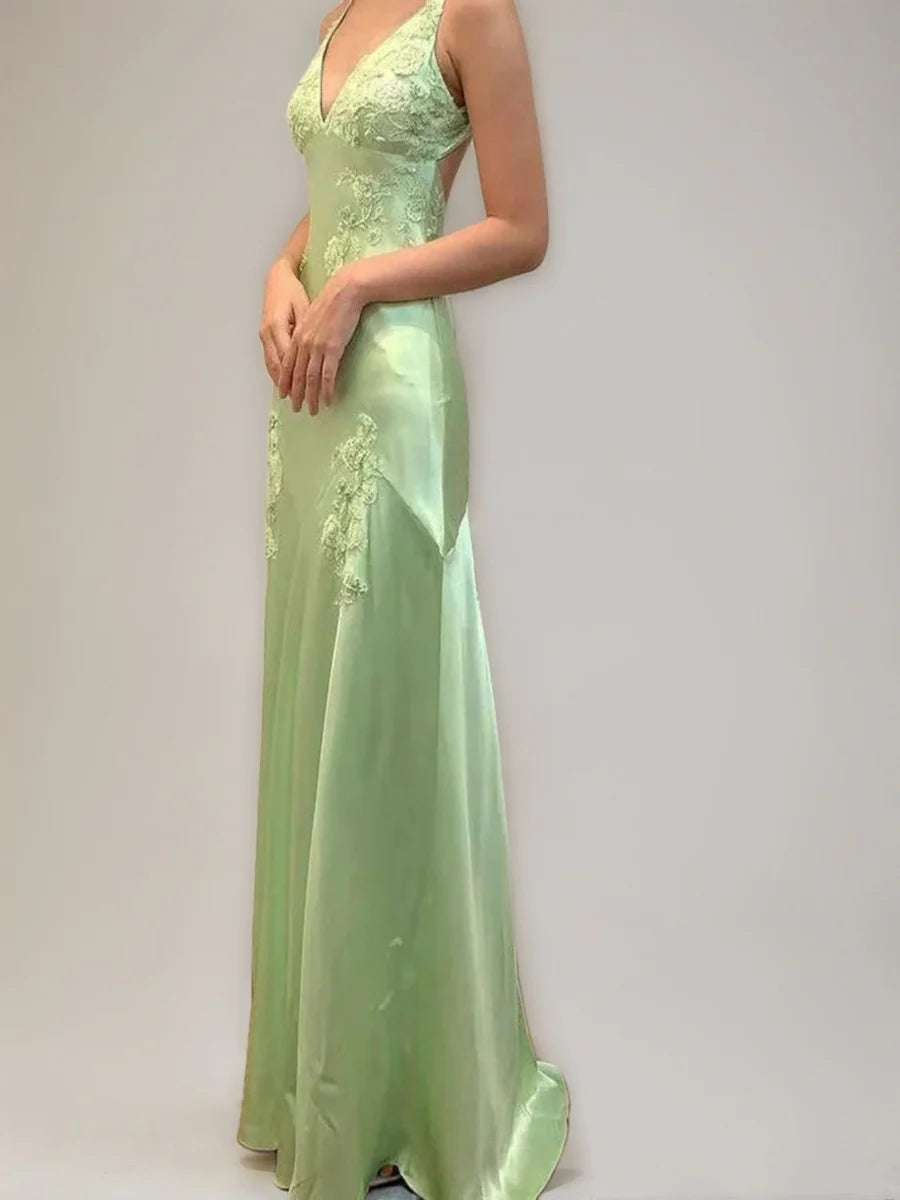 Romantic Plunging V-Neck Lace Appliqué Satin Mermaid Evening Dress with Low Open Back & Self-Tie Closure
