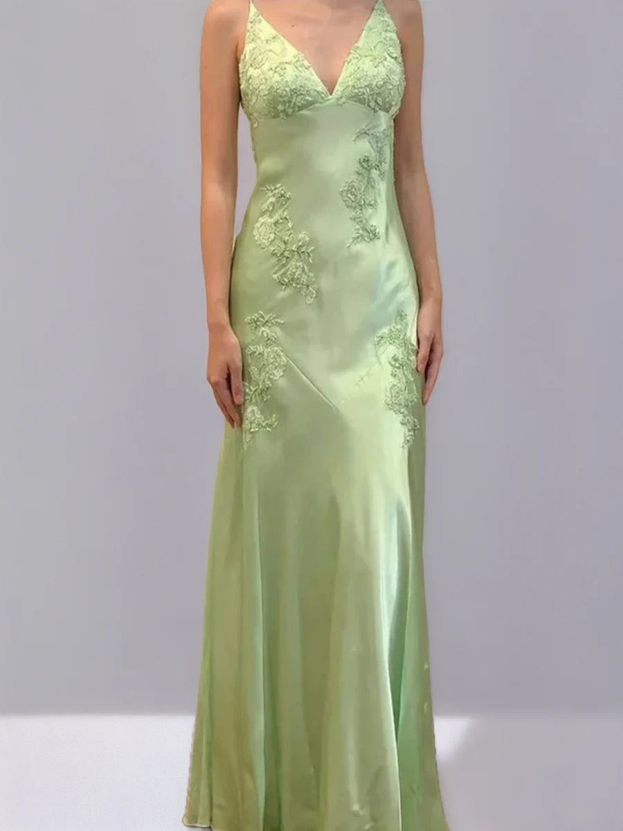 Romantic Plunging V-Neck Lace Appliqué Satin Mermaid Evening Dress with Low Open Back & Self-Tie Closure