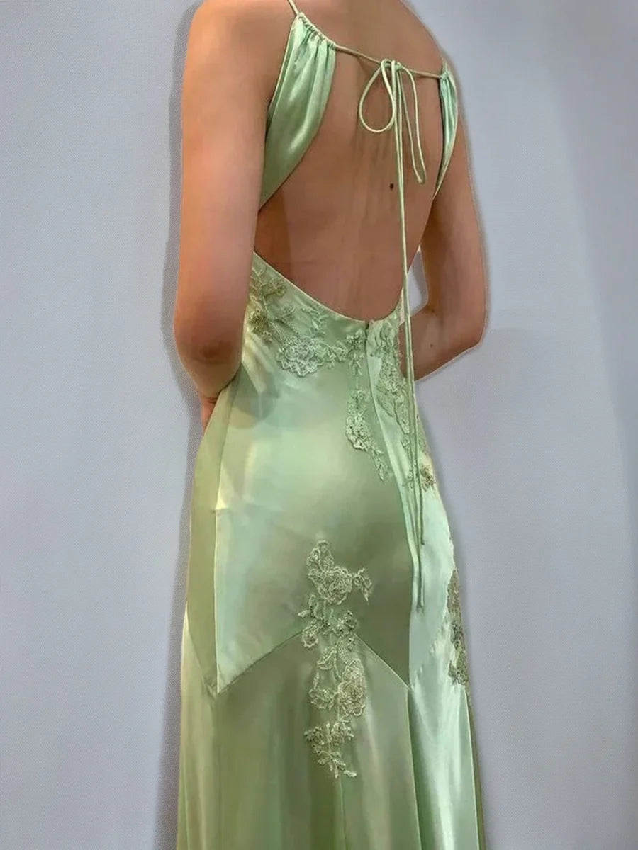 Romantic Plunging V-Neck Lace Appliqué Satin Mermaid Evening Dress with Low Open Back & Self-Tie Closure