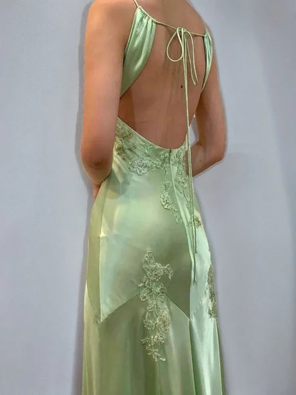 Romantic Plunging V-Neck Lace Appliqué Satin Mermaid Evening Dress with Low Open Back & Self-Tie Closure