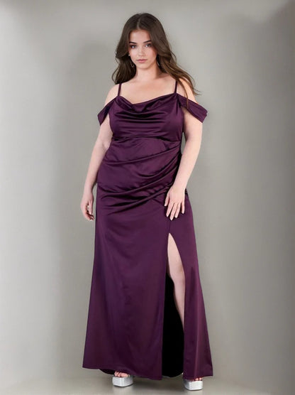 Romantic Plus-Size Off-the-Shoulder Cowl Neck Satin Mermaid Prom Dress with High Slit
