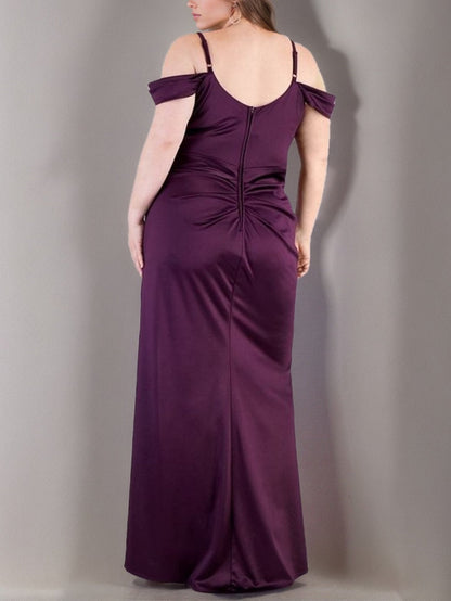 Romantic Plus-Size Off-the-Shoulder Cowl Neck Satin Mermaid Prom Dress with High Slit