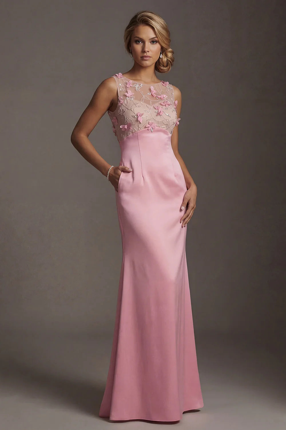 Romantic Sleeveless Sheer Bodice Pink 3D Floral Embellished Mermaid Gown with Side Pockets and Open Back Prom Dress