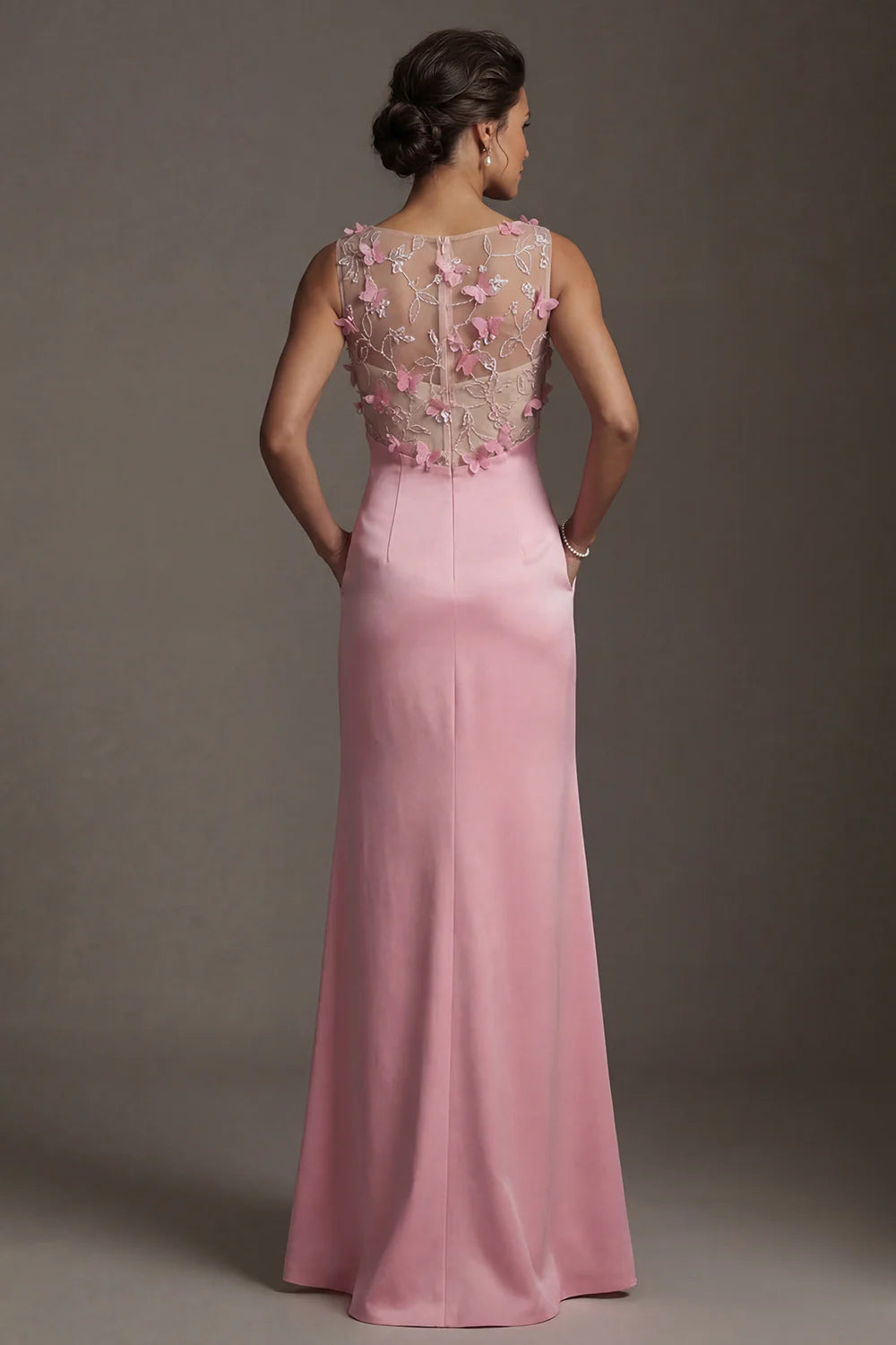 Romantic Sleeveless Sheer Bodice Pink 3D Floral Embellished Mermaid Gown with Side Pockets and Open Back Prom Dress