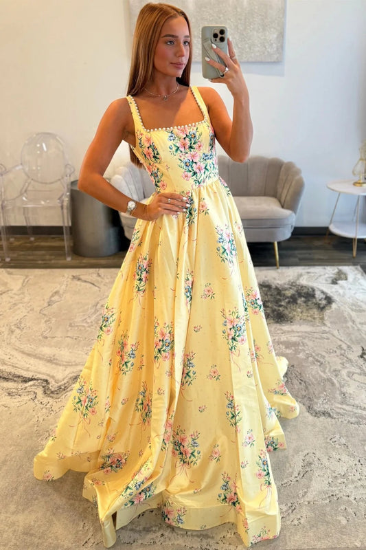Romantic Square Neck Pearl Trim Floral Print Maxi Prom Dress with Open Back