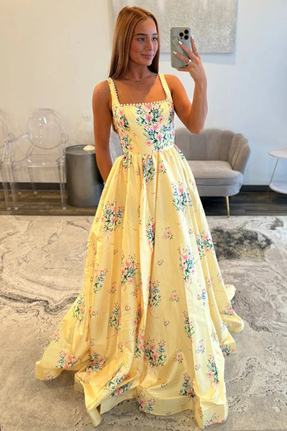 Romantic Square Neck Pearl Trim Floral Print Maxi Prom Dress with Open Back