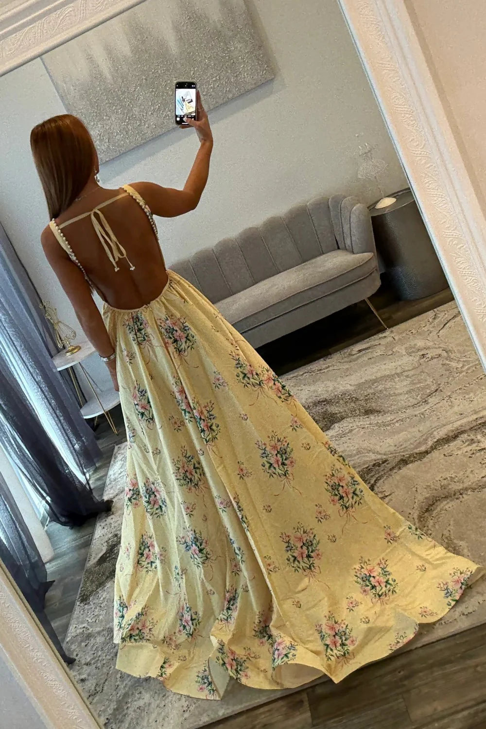 Romantic Square Neck Pearl Trim Floral Print Maxi Prom Dress with Open Back