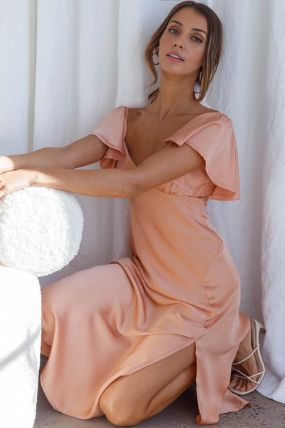 Romantic and elegant lotus leaf sleeve side slit medium length bridesmaid dress