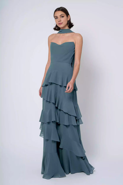 Romantic luxury chiffon strapless scarf collar A-line ruffle edge fully lined back mid zip Bridesmaid Dresses