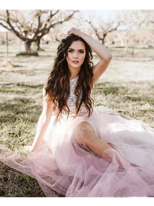Round necked elegant sheer two-piece set of pink Bohemian ball dress