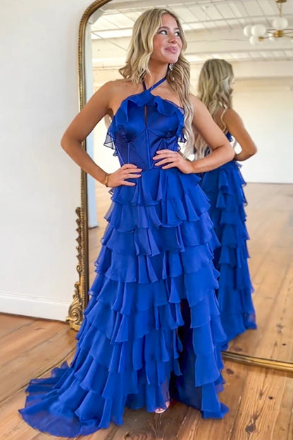 Royal Blue Maxi Prom Dresses with Halter Neck Corset Bodice Tiered Chiffon Ruffles and High Slit Train