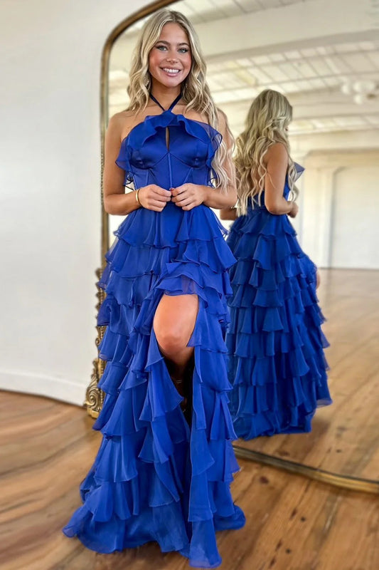 Royal Blue Maxi Prom Dresses with Halter Neck Corset Bodice Tiered Chiffon Ruffles and High Slit Train