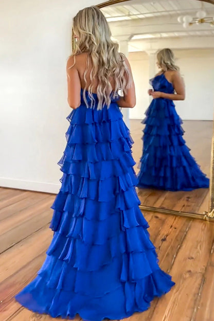 Royal Blue Maxi Prom Dresses with Halter Neck Corset Bodice Tiered Chiffon Ruffles and High Slit Train