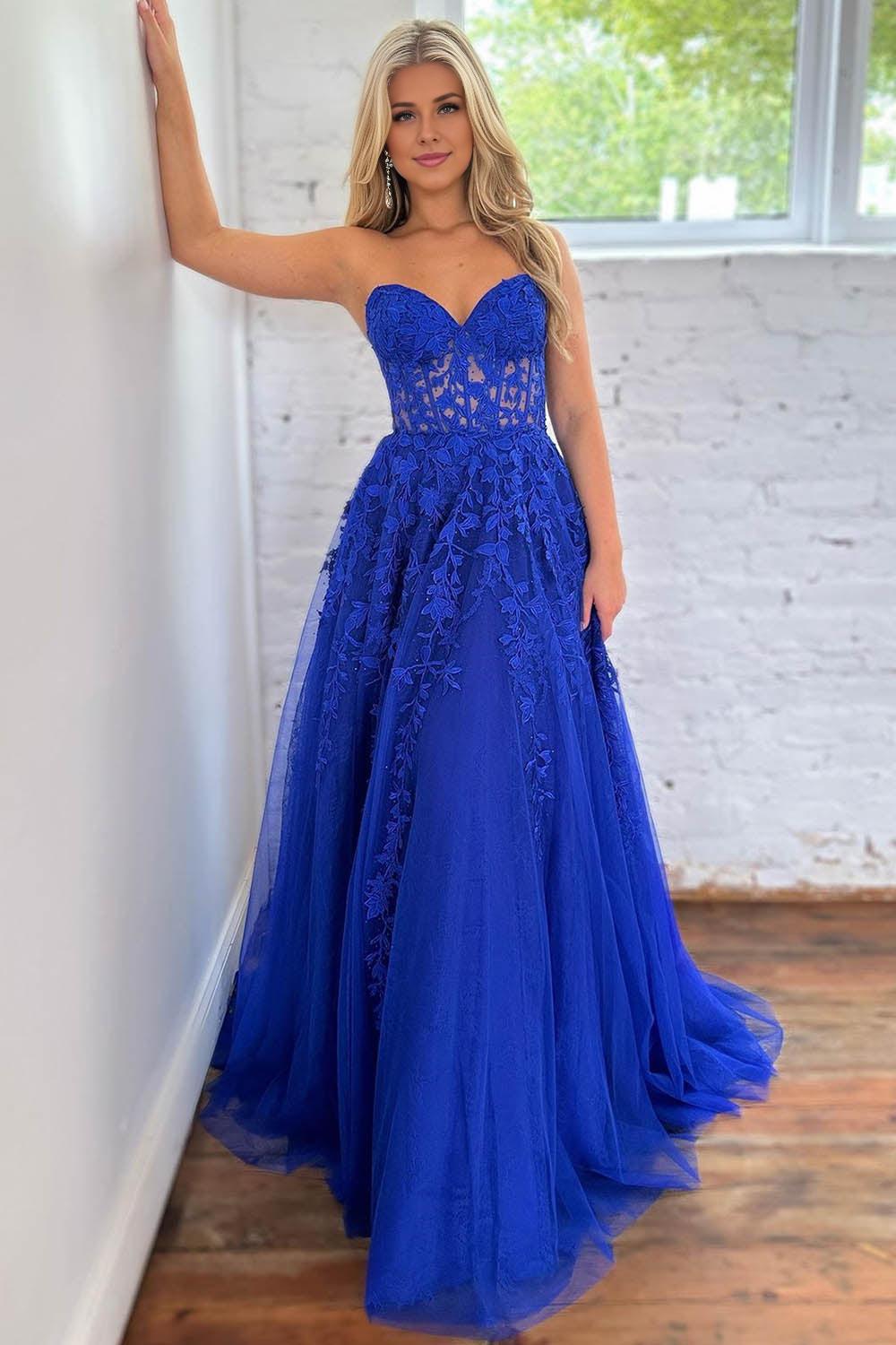 A-Line Sweetheart Long Tulle Royal Blue Prom Dress
