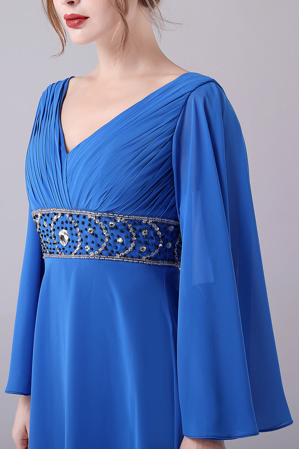 A-Line V-Neck Pleated Long Mother Of the Bride Dress With Beading