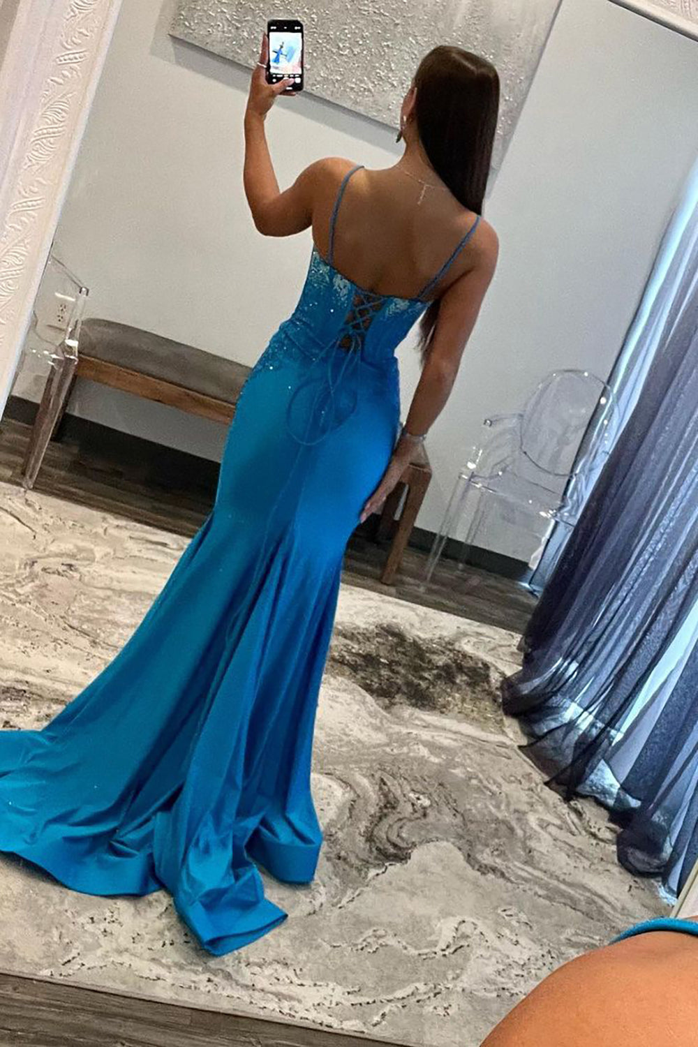 Spaghetti Straps Mermaid Lace Up Long Prom Dress with Slit And Beading