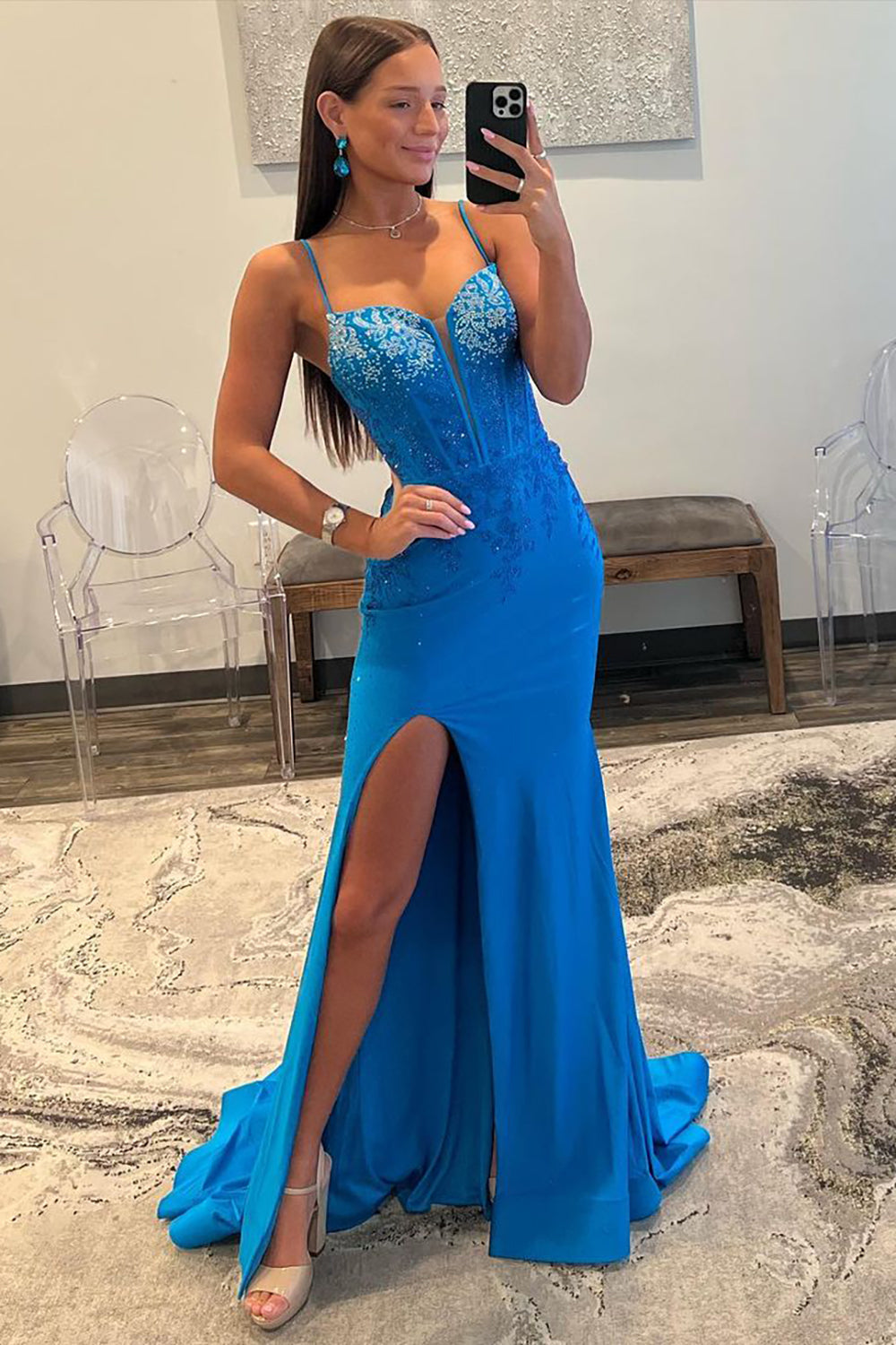 Spaghetti Straps Mermaid Lace Up Long Prom Dress with Slit And Beading
