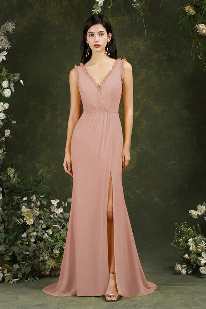 Ruffled V-Neck Chiffon Mermaid Evening Dresses (Dusty Rose)