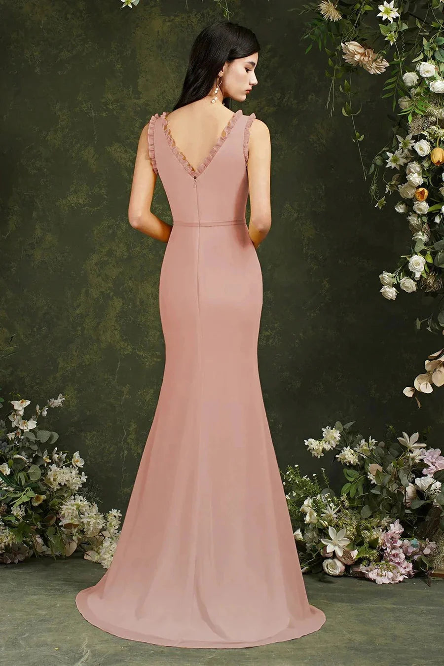 Ruffled V-Neck Chiffon Mermaid Evening Dresses (Dusty Rose)