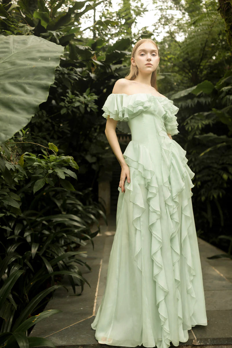 Sage Green Chiffon Maxi Prom Dresses with Off Shoulder Ruffle Tiered Ruffle Skirt for Prom and Garden Wedding
