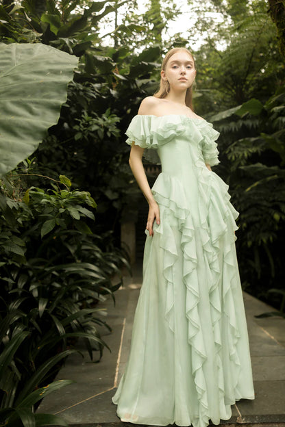 Sage Green Chiffon Maxi Prom Dresses with Off Shoulder Ruffle Tiered Ruffle Skirt for Prom and Garden Wedding