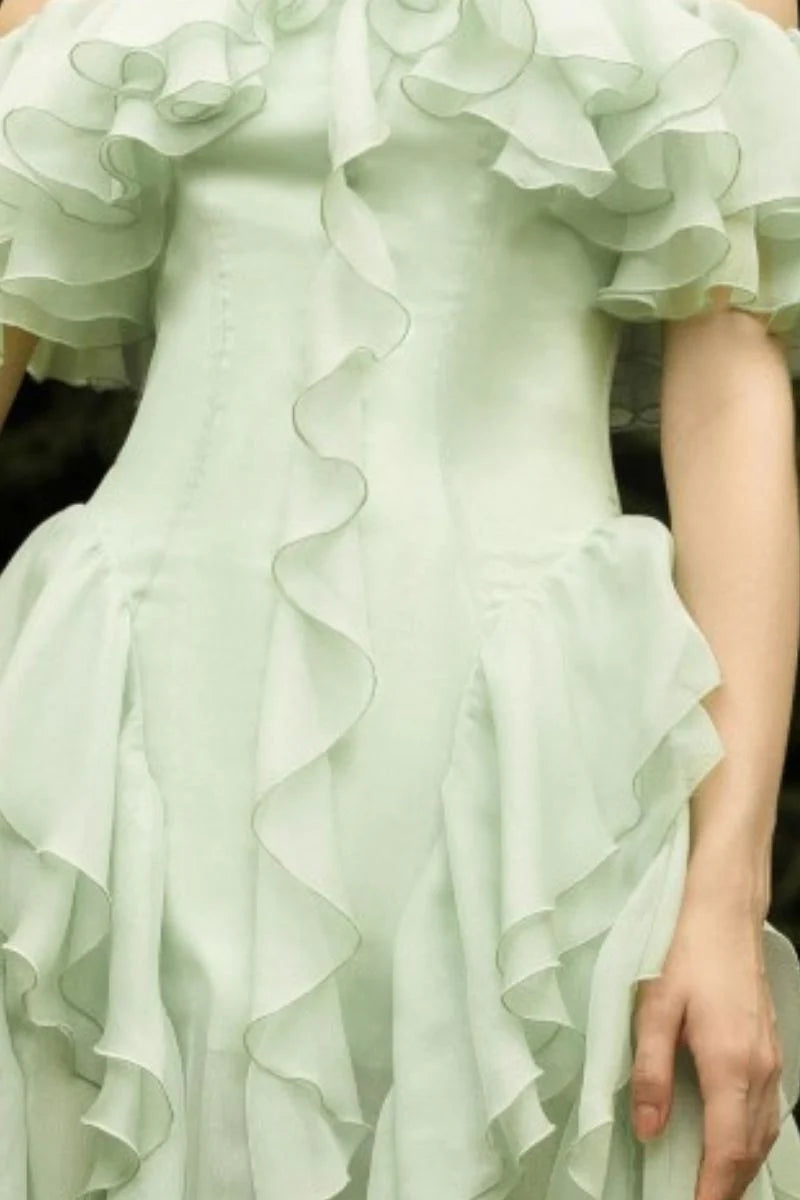 Sage Green Chiffon Maxi Prom Dresses with Off Shoulder Ruffle Tiered Ruffle Skirt for Prom and Garden Wedding
