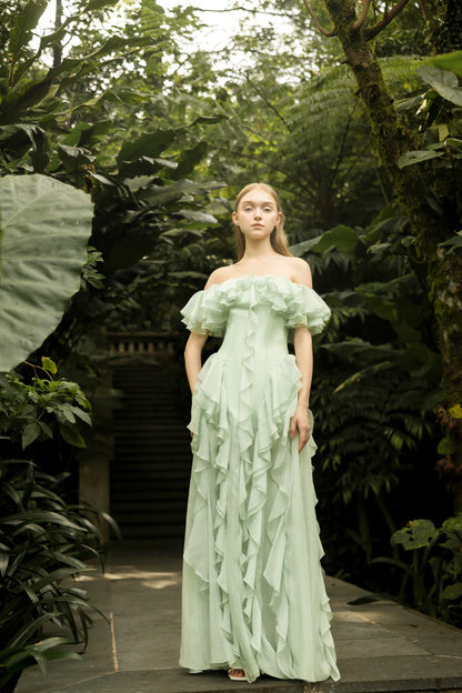 Sage Green Chiffon Maxi Prom Dresses with Off Shoulder Ruffle Tiered Ruffle Skirt for Prom and Garden Wedding