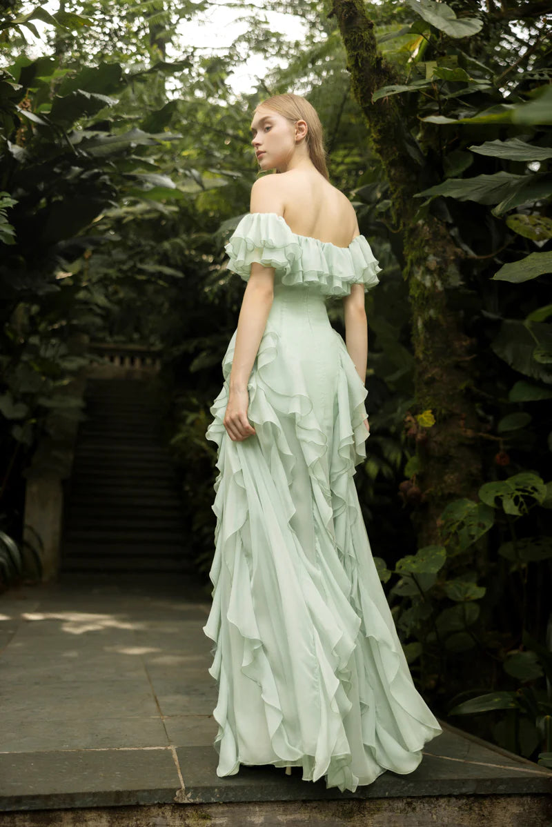 Sage Green Chiffon Maxi Prom Dresses with Off Shoulder Ruffle Tiered Ruffle Skirt for Prom and Garden Wedding
