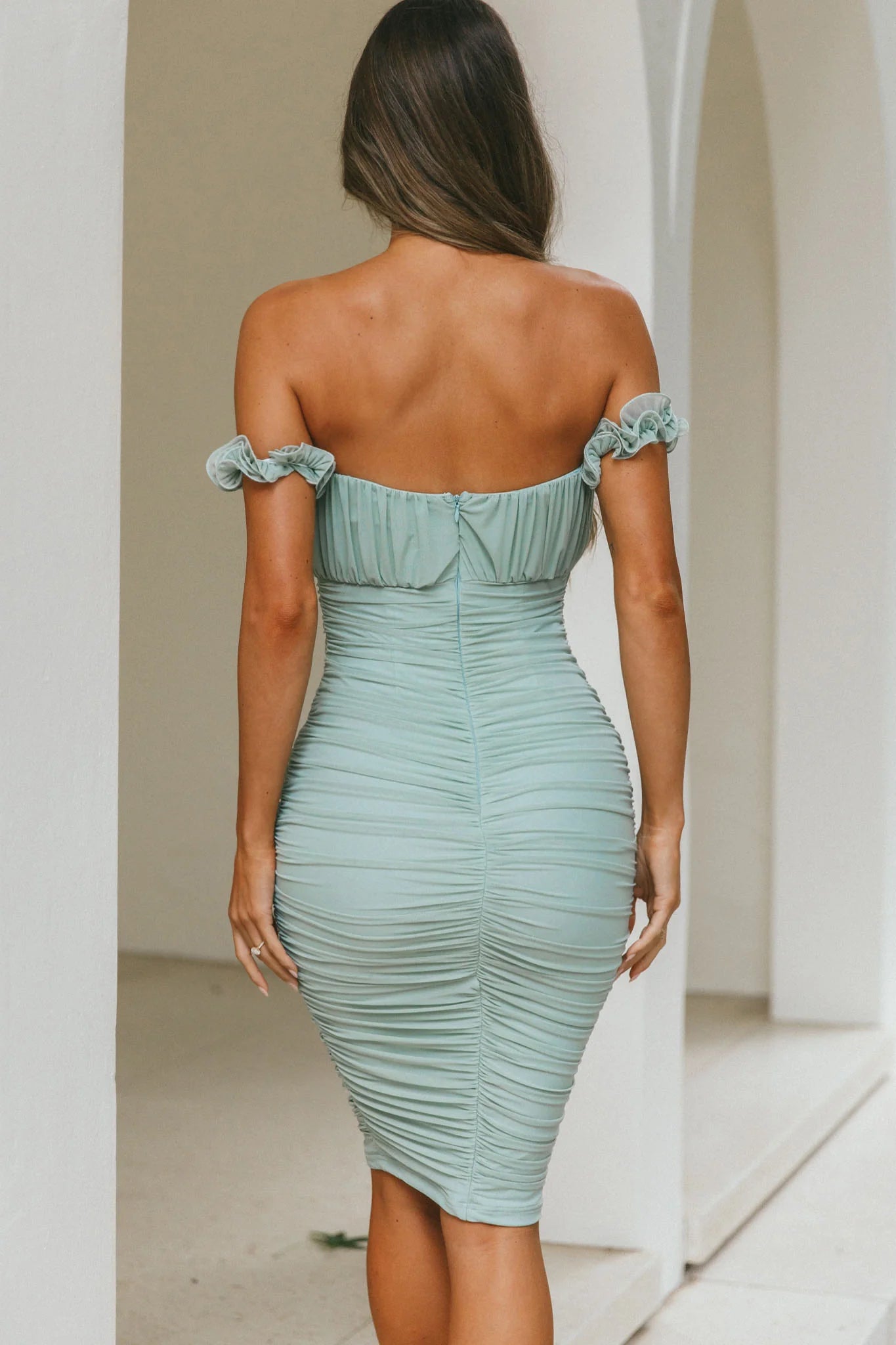 Sage Green Ruched Off-the-Shoulder Ruffle Midi Evening Dress