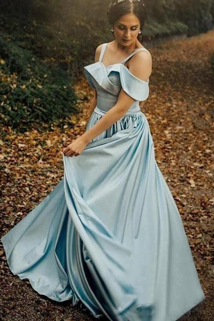 Satin light blue ball dress with foldable collar sweet and long ball dress
