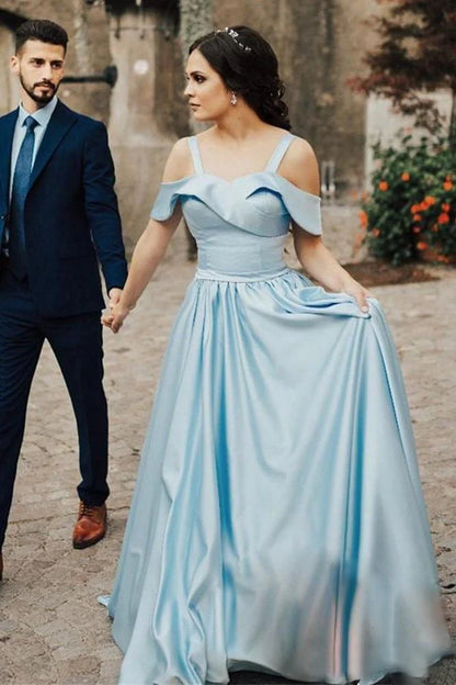 Satin light blue ball dress with foldable collar sweet and long ball dress