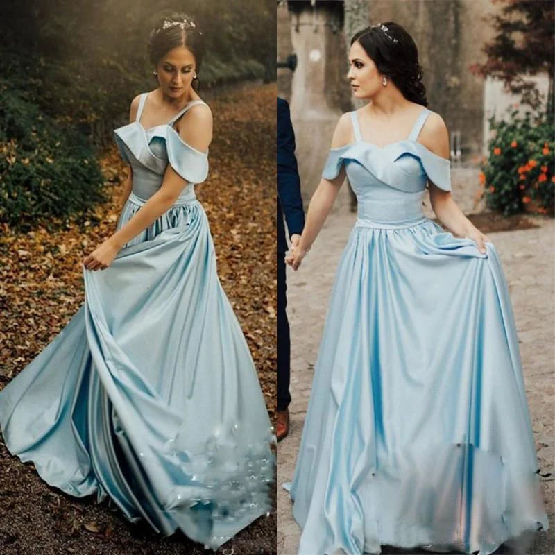 Satin light blue ball dress with foldable collar sweet and long ball dress