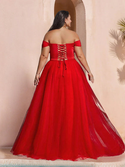 Scarlet Red Plus Size Off-the-Shoulder Prom Dress with Sweetheart Neckline, Ruched Bodice & Tulle Ball Gown Skirt