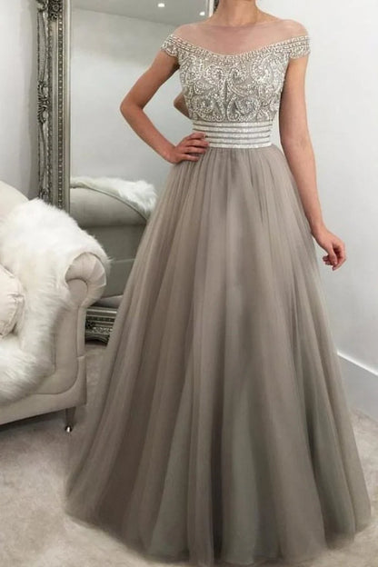 A-line ball dress with beaded sheer tight fitting dress