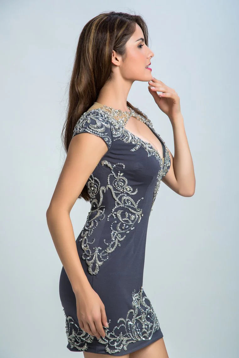 Elegant hollowed out formal dress short sleeved spandex beaded short mini skirt