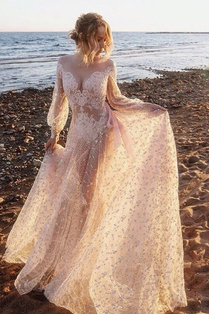 Hollow Elegant Long sleeved Lace Applique Straight Ball Evening Dress
