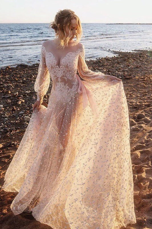 Sexy cutout long sleeve lace decal straight ball gown