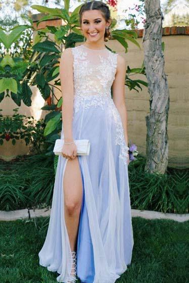 See through side slit light blue lace chiffon hollow ball evening dress
