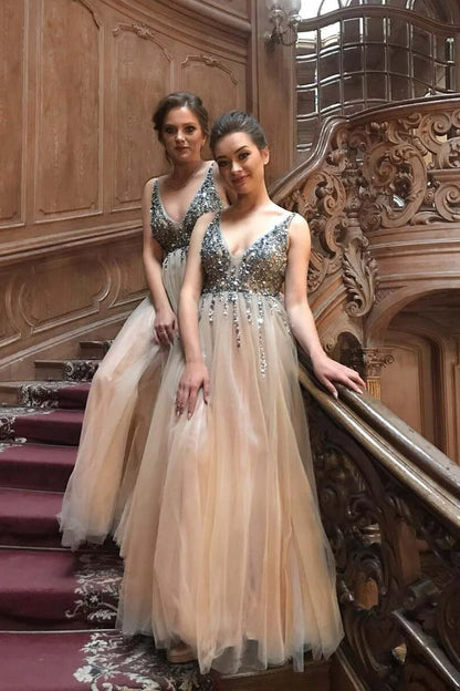 Sexy A-line V-neck sheer ball beaded spaghetti strap formal dress